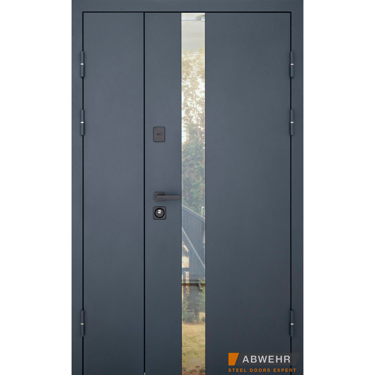 Входная дверь ABWEHR Defender 1200 Nordi Glass 506 полуторные металл покраска RAL 7021T / белый Vinorit