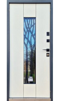 Входная дверь Форт Нокс "Крафт-Термо" матовый серый 7024+стеклопакет с ковкой внутри / белый 5003+молдинги