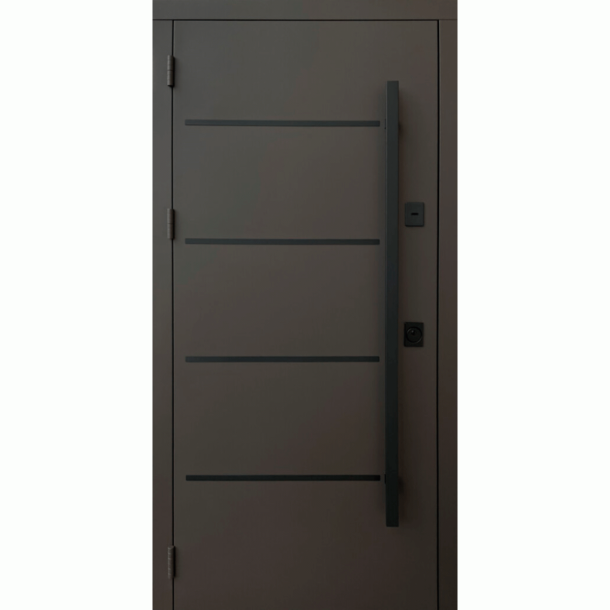 Входные двери Qdoors Street Горизонталь метал песок 8019 декор молдинг /МДФ дуб темный